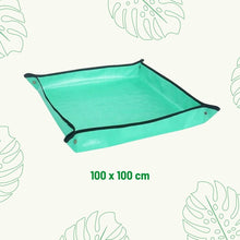Load image into Gallery viewer, telo impermeabile verde per rinvaso large 100x100 come lavori di giardinaggio in casa su grafica chiara con foglie di Monstera disegnate
